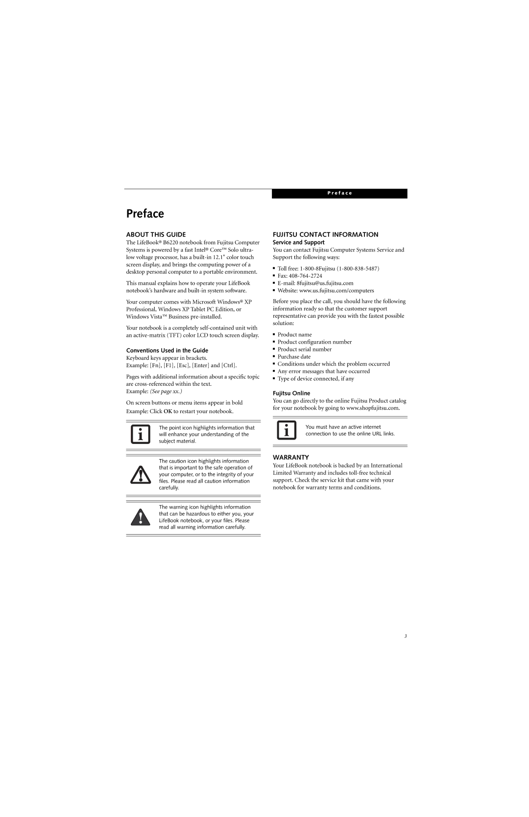 Fujitsu B6220 manual Preface, About this Guide, Fujitsu Contact Information, Warranty 