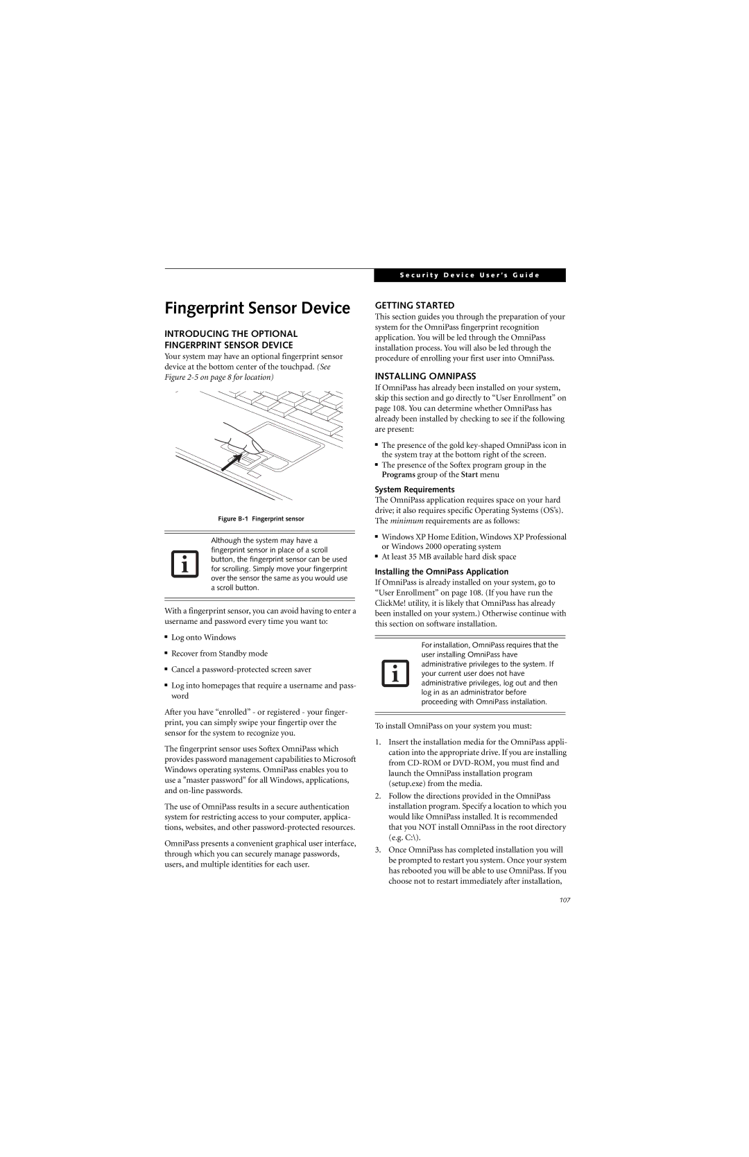 Fujitsu B6220 manual Introducing the Optional Fingerprint Sensor Device, Getting Started, Installing Omnipass 