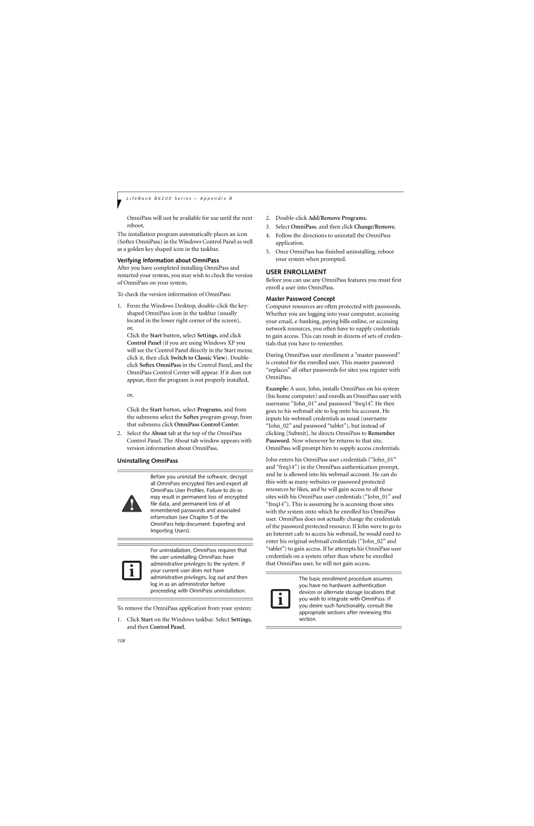 Fujitsu B6220 manual User Enrollment, Verifying Information about OmniPass, Uninstalling OmniPass, Master Password Concept 