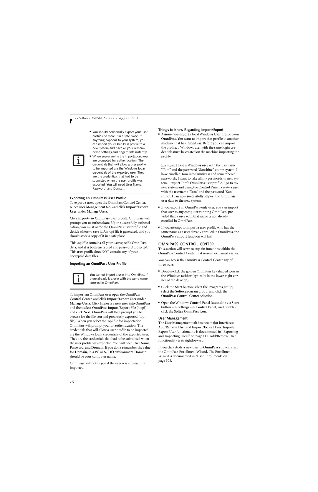 Fujitsu B6220 manual Omnipass Control Center, Exporting an OmniPass User Profile, Importing an OmniPass User Profile 