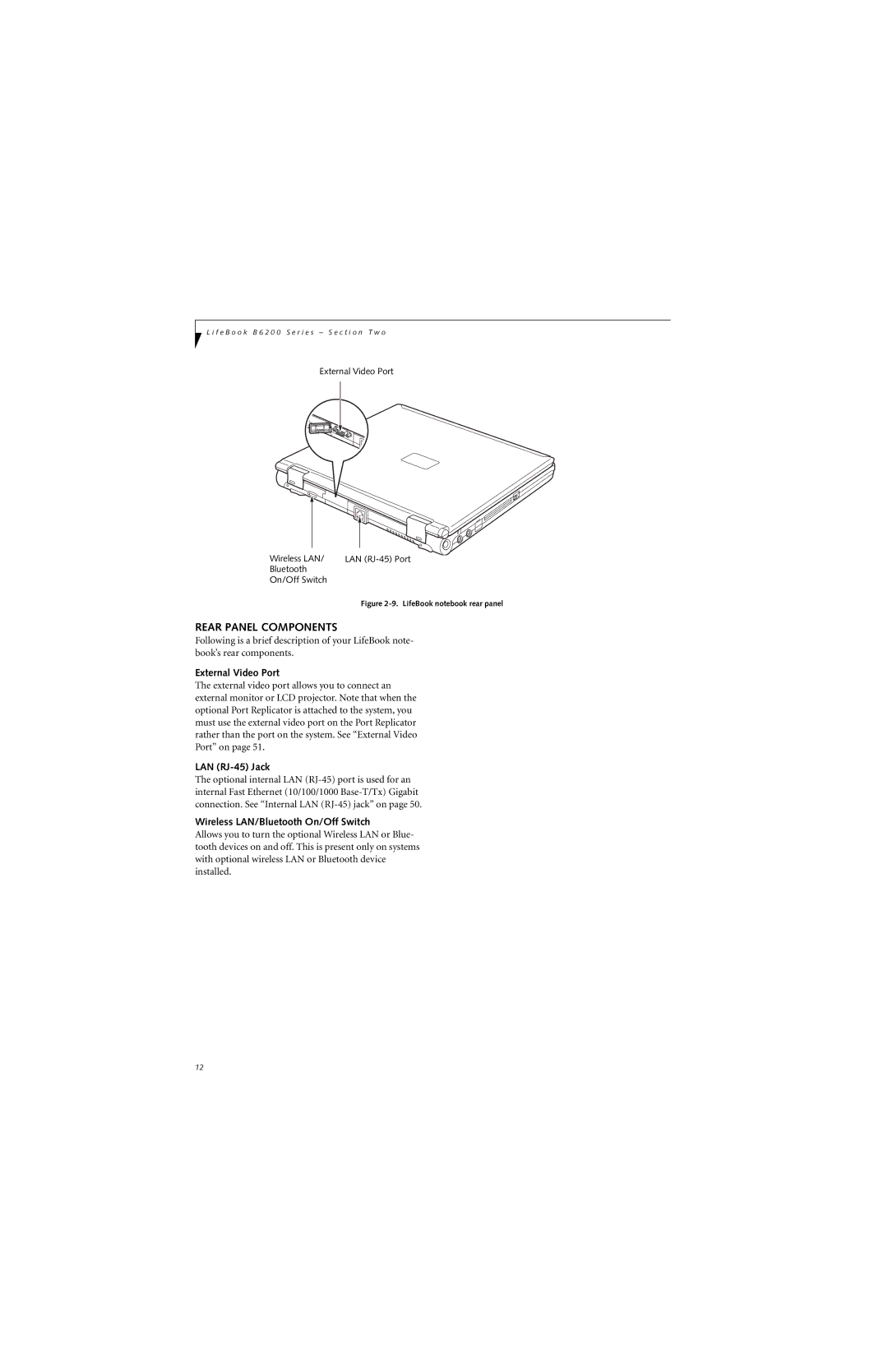 Fujitsu B6220 manual Rear Panel Components, External Video Port, LAN RJ-45 Jack, Wireless LAN/Bluetooth On/Off Switch 