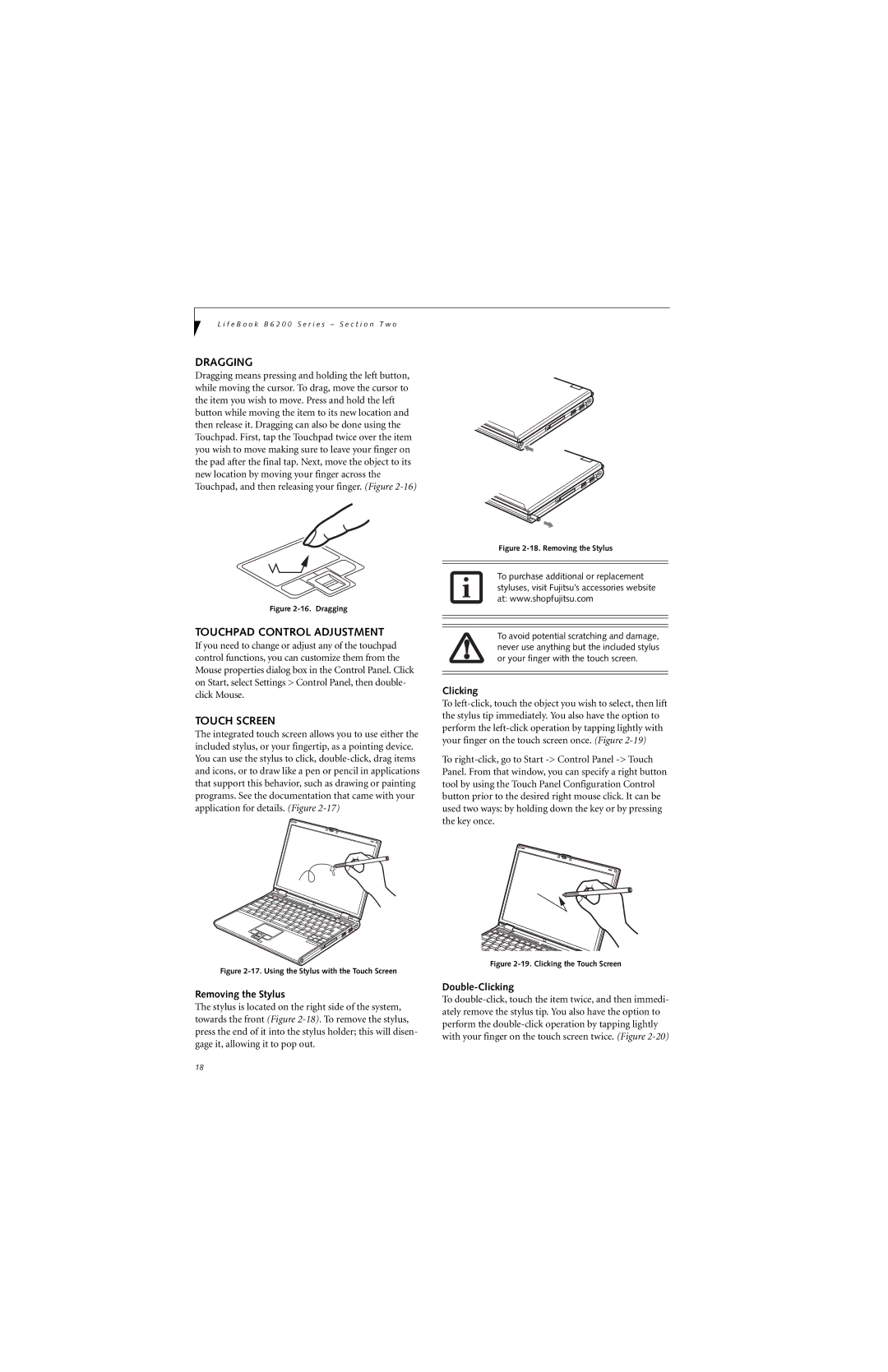 Fujitsu B6220 manual Dragging, Touchpad Control Adjustment, Touch Screen 