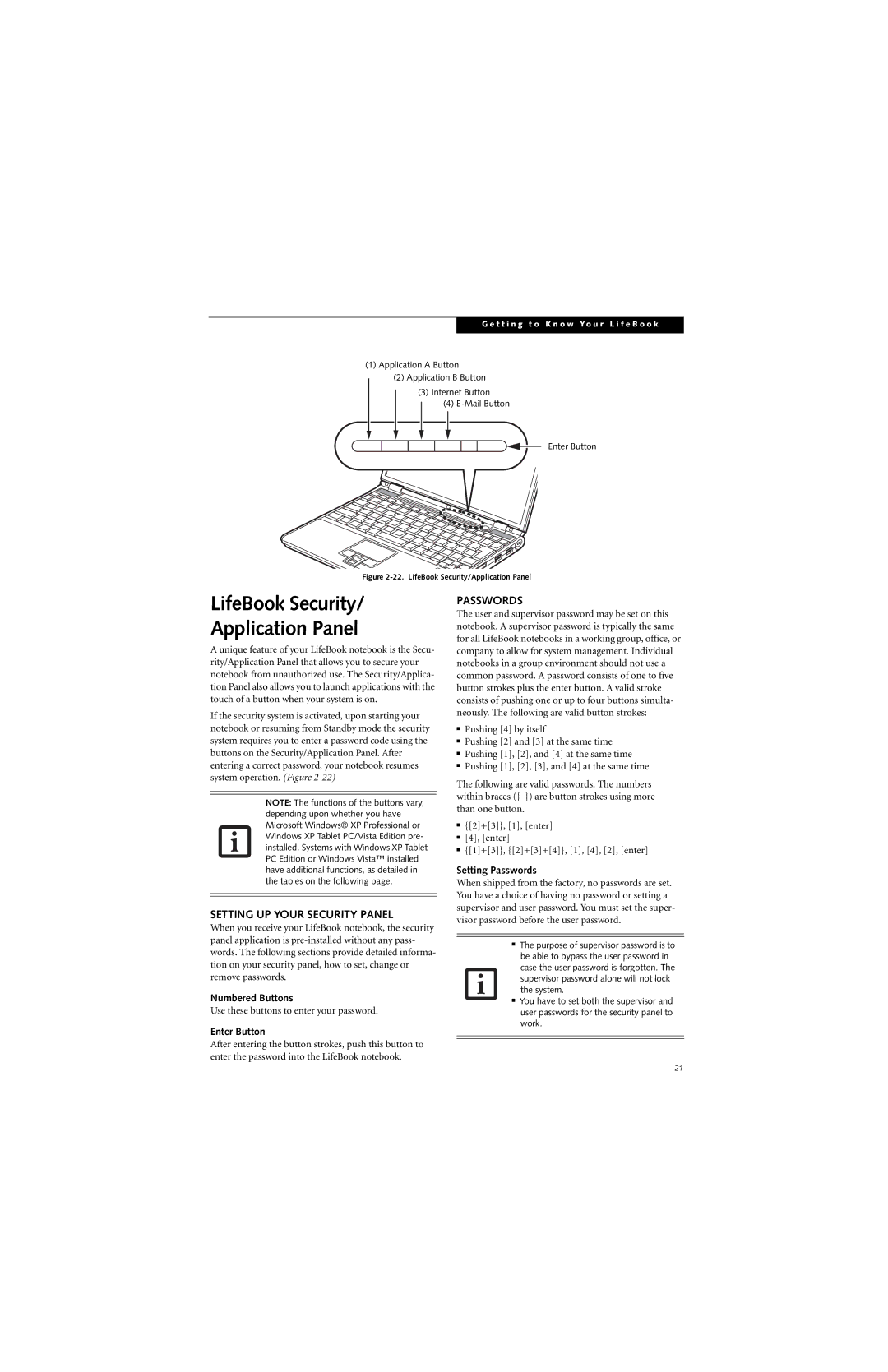 Fujitsu B6220 manual LifeBook Security Application Panel, Setting UP Your Security Panel, Passwords 