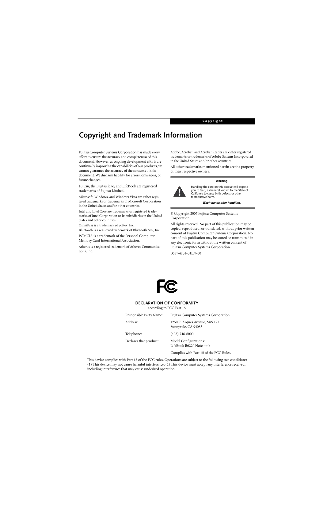 Fujitsu B6220 manual Copyright and Trademark Information, Declaration of Conformity 