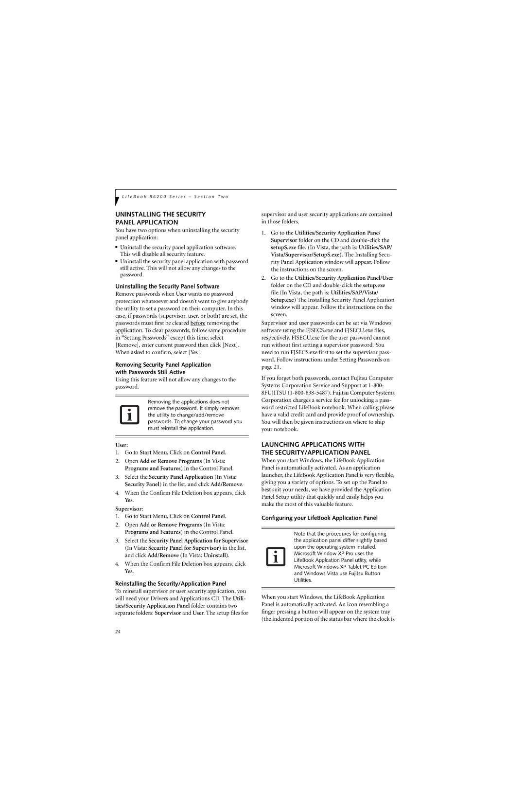 Fujitsu B6220 manual Uninstalling the Security Panel Application, Uninstalling the Security Panel Software 
