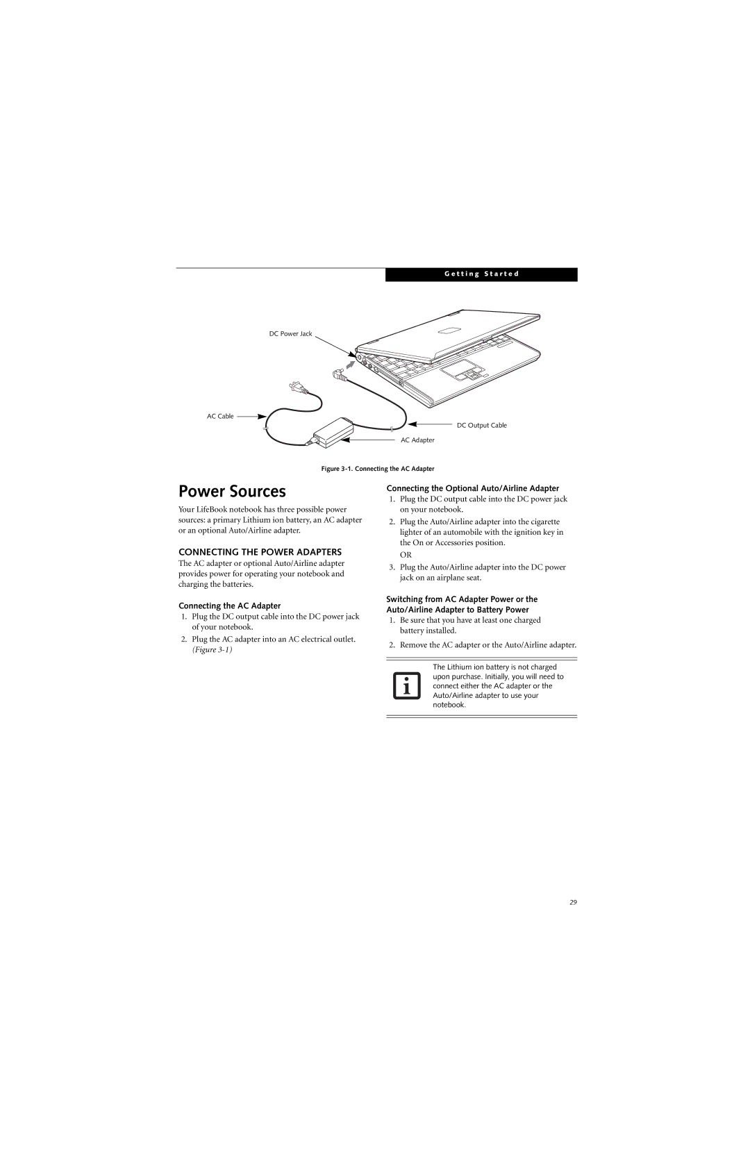 Fujitsu B6220 manual Power Sources, Connecting the Power Adapters, Connecting the Optional Auto/Airline Adapter 