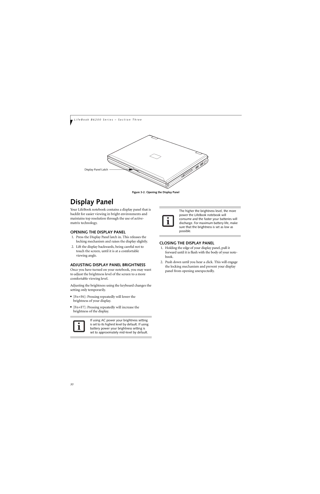 Fujitsu B6220 manual Opening the Display Panel, Adjusting Display Panel Brightness, Closing the Display Panel 