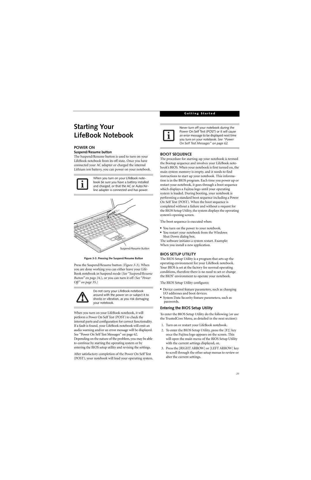 Fujitsu B6220 manual Starting Your LifeBook Notebook, Power on, Boot Sequence, Bios Setup Utility 