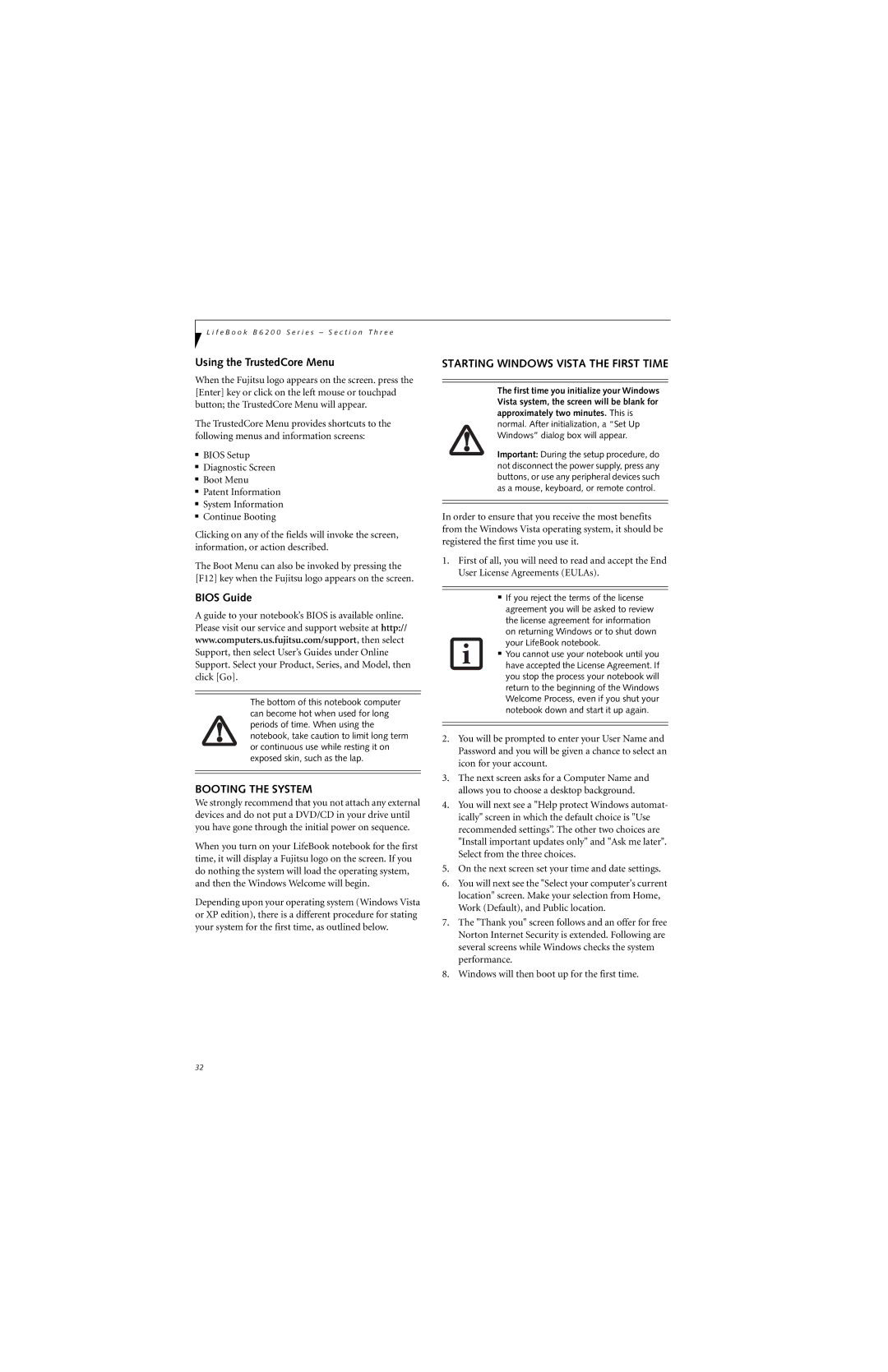 Fujitsu B6220 manual Booting the System, Starting Windows Vista the First Time 