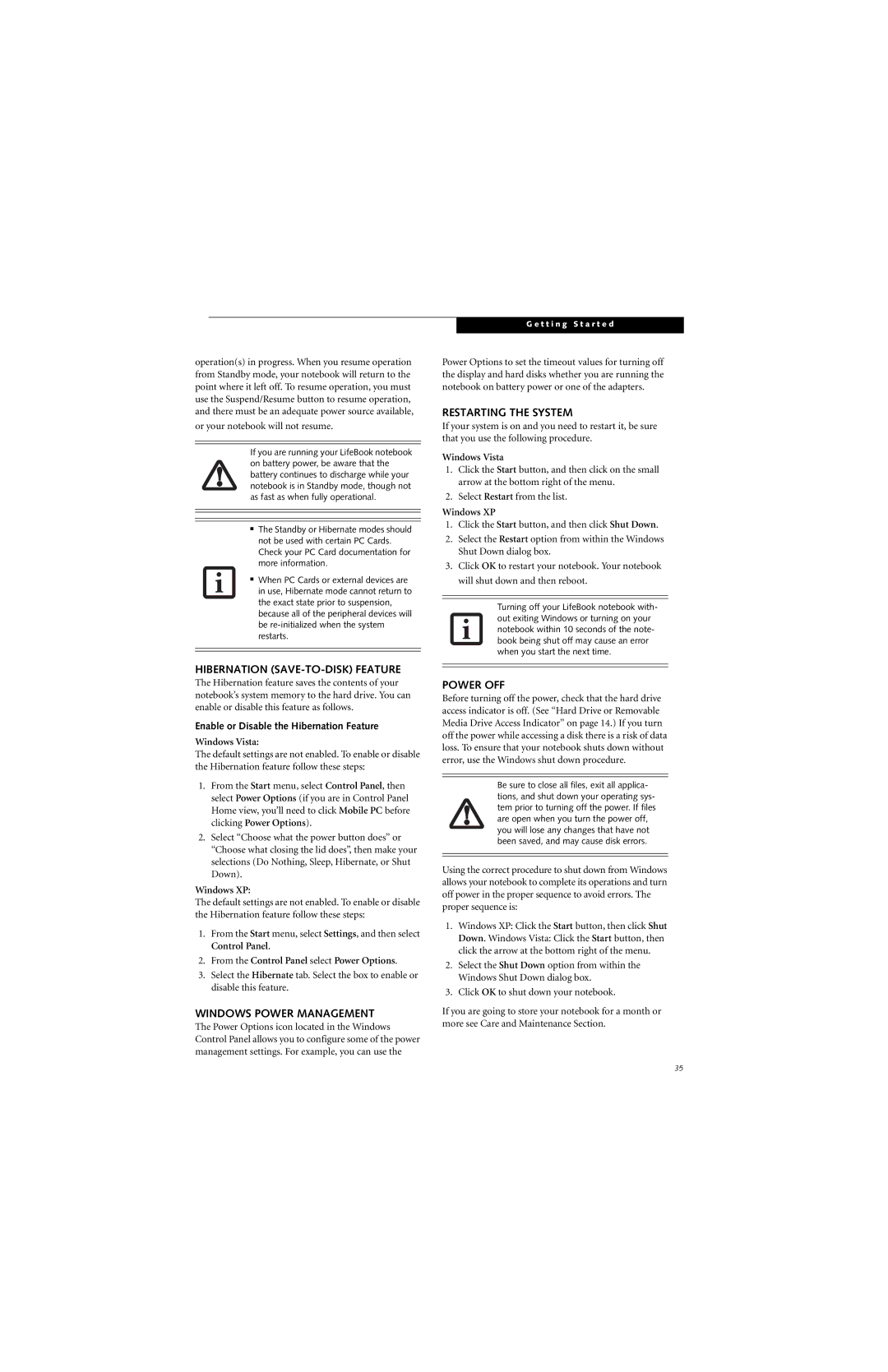 Fujitsu B6220 manual Hibernation SAVE-TO-DISK Feature, Windows Power Management, Restarting the System, Power OFF 