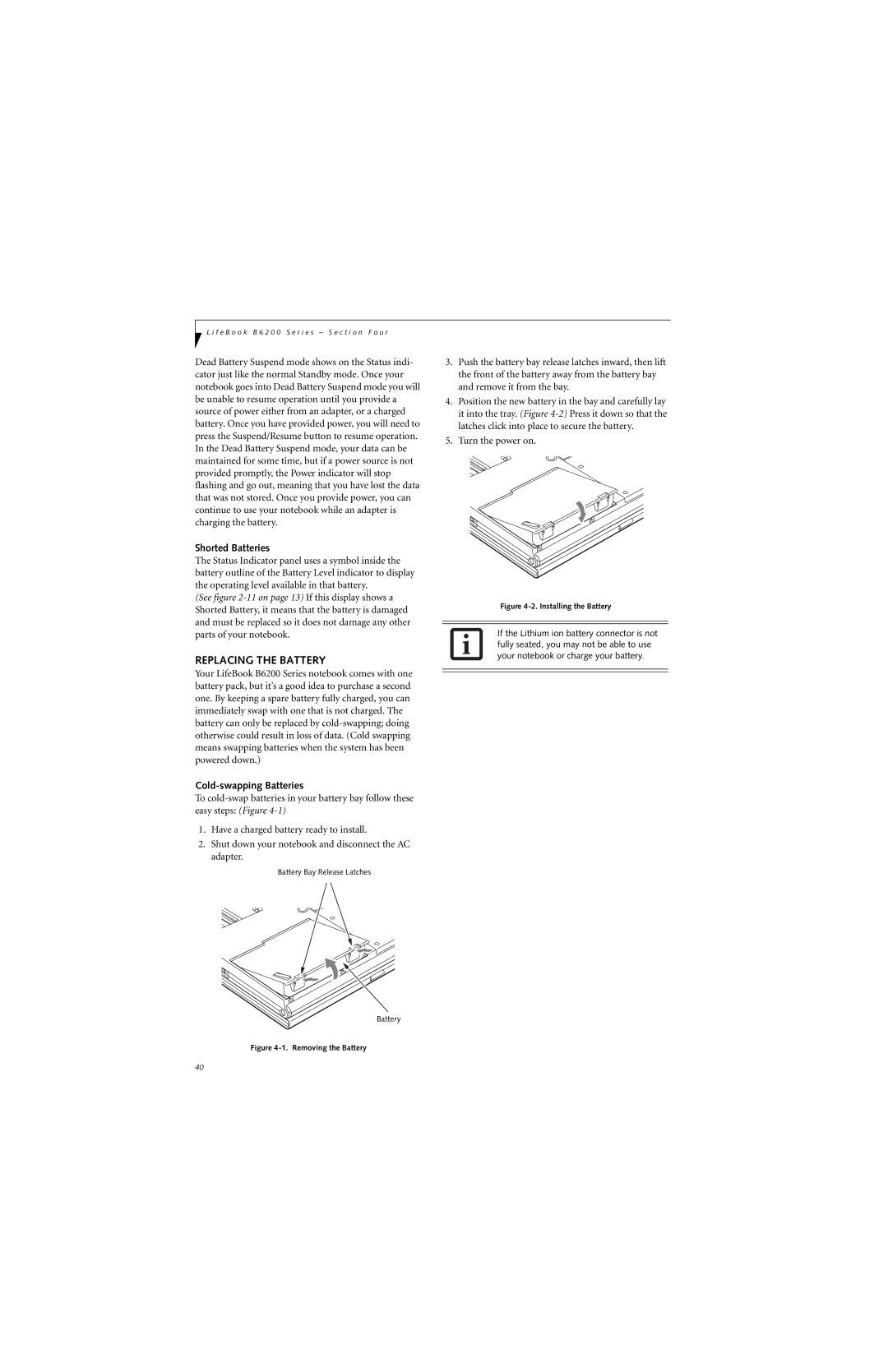 Fujitsu B6220 manual Replacing the Battery, Shorted Batteries, Cold-swapping Batteries 