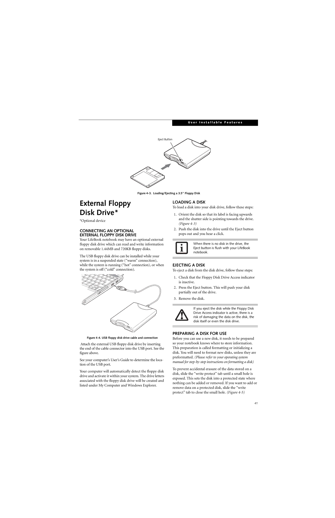 Fujitsu B6220 manual Connecting AN Optional External Floppy Disk Drive, Loading a Disk, Ejecting a Disk 