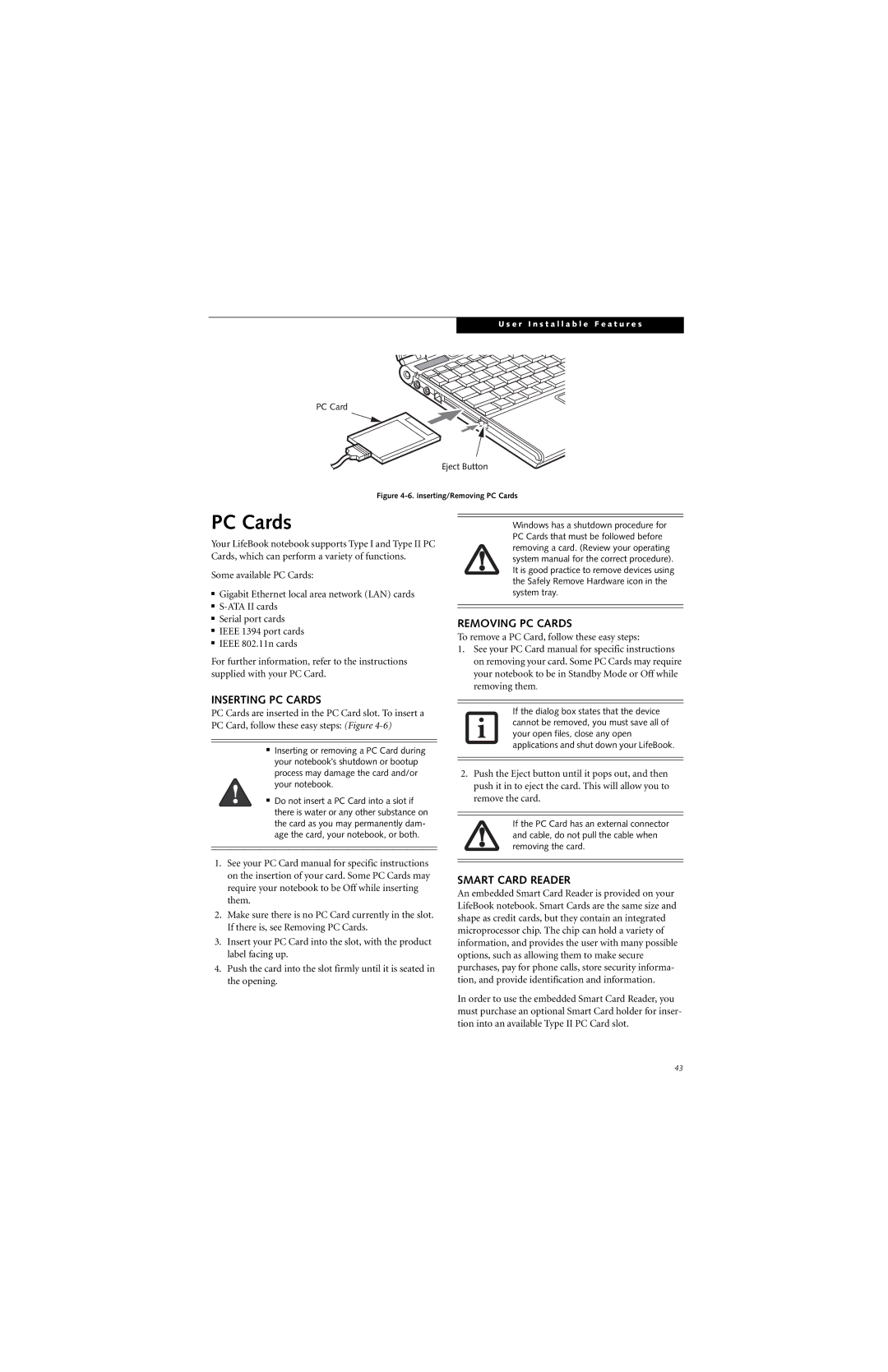 Fujitsu B6220 manual Removing PC Cards, Inserting PC Cards, Smart Card Reader 