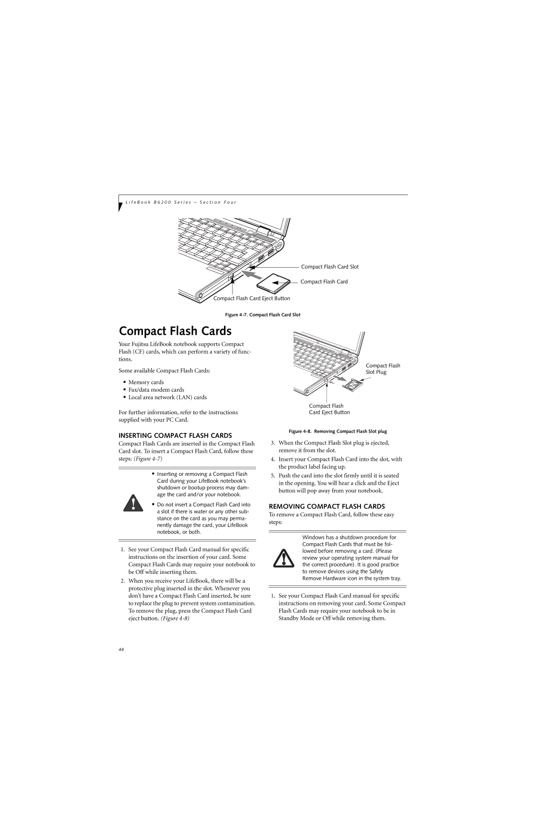 Fujitsu B6220 manual Inserting Compact Flash Cards, Removing Compact Flash Cards 