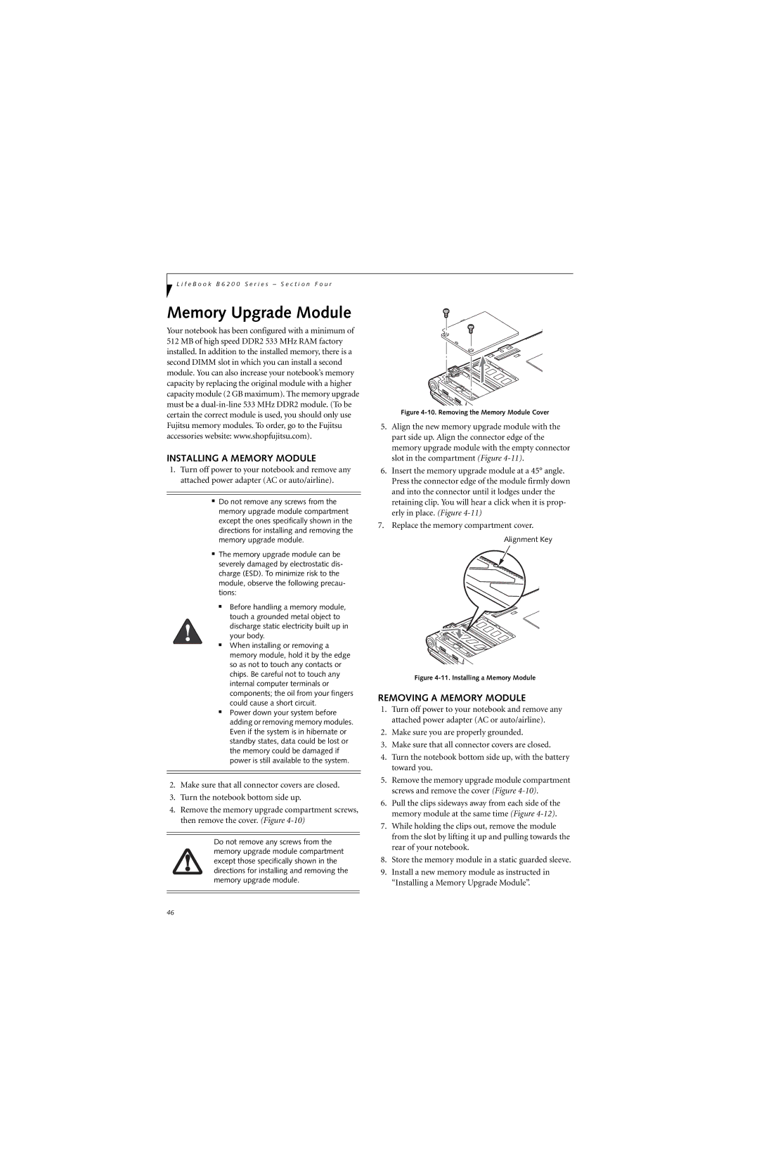 Fujitsu B6220 manual Installing a Memory Module, Removing a Memory Module 