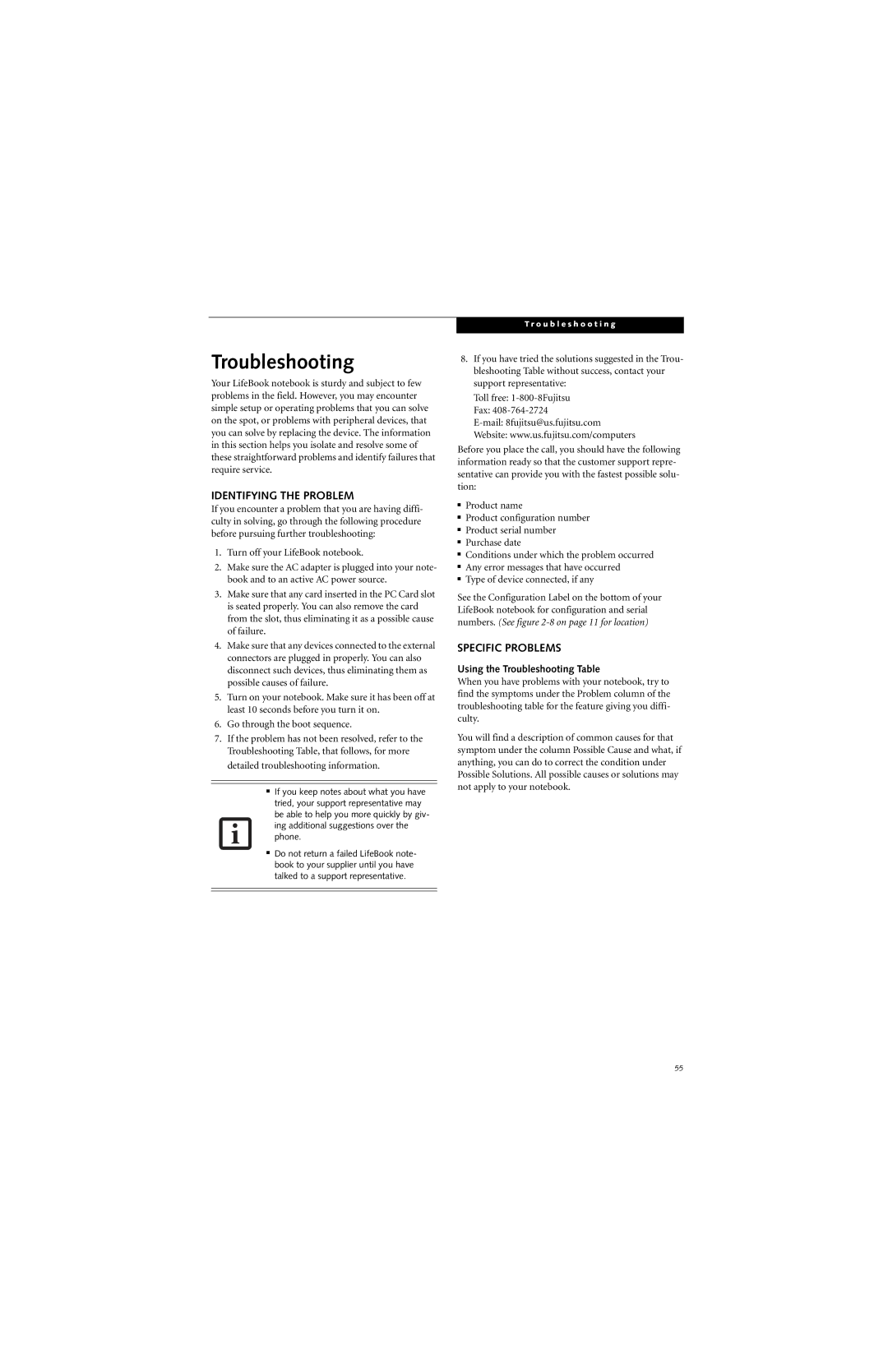 Fujitsu B6220 manual Identifying the Problem, Specific Problems, Using the Troubleshooting Table 