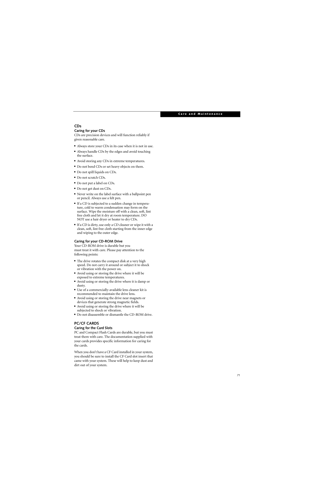 Fujitsu B6220 manual PC/CF Cards, Caring for your CDs, Caring for your CD-ROM Drive, Caring for the Card Slots 