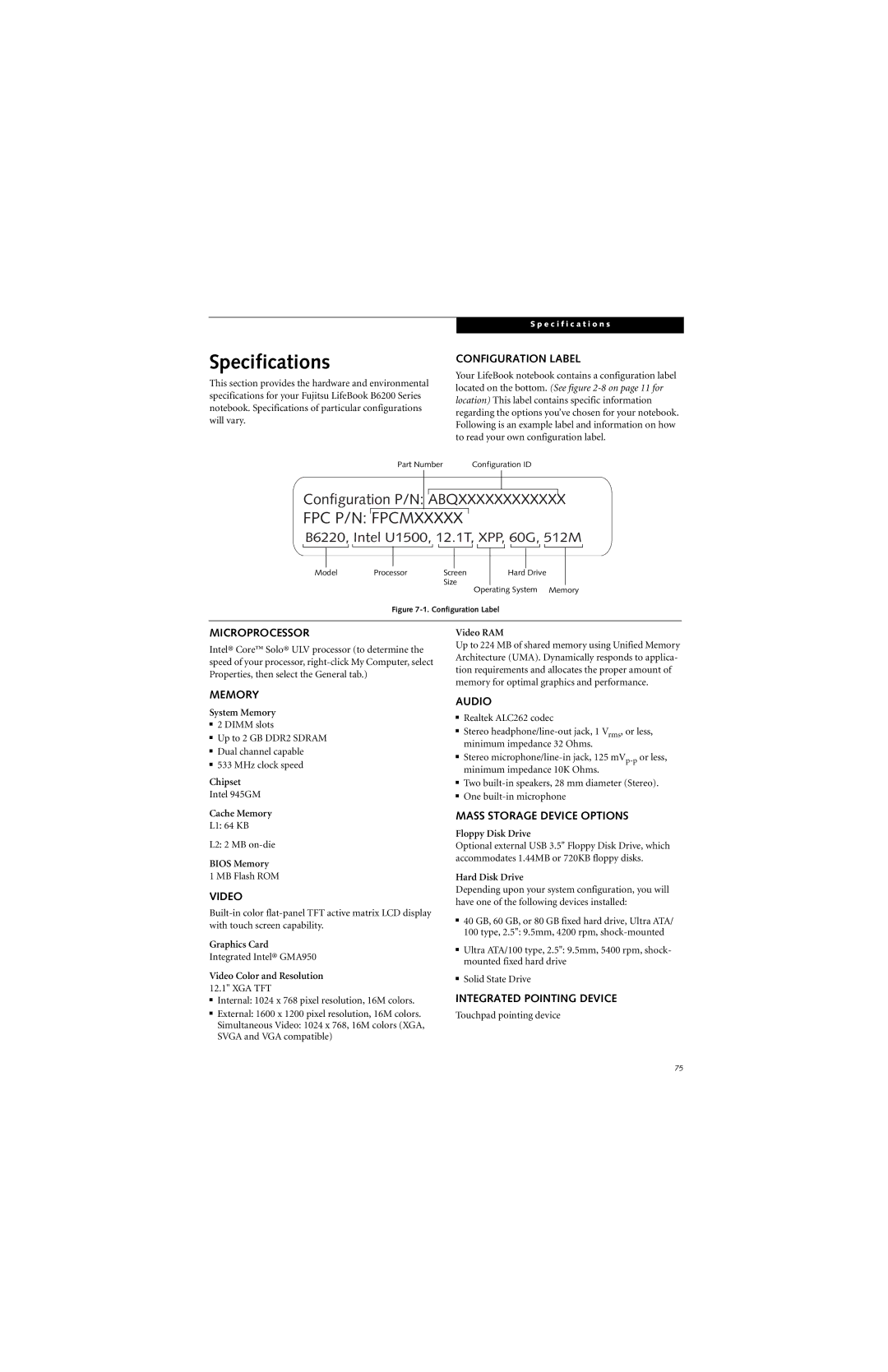 Fujitsu B6220 manual Specifications 