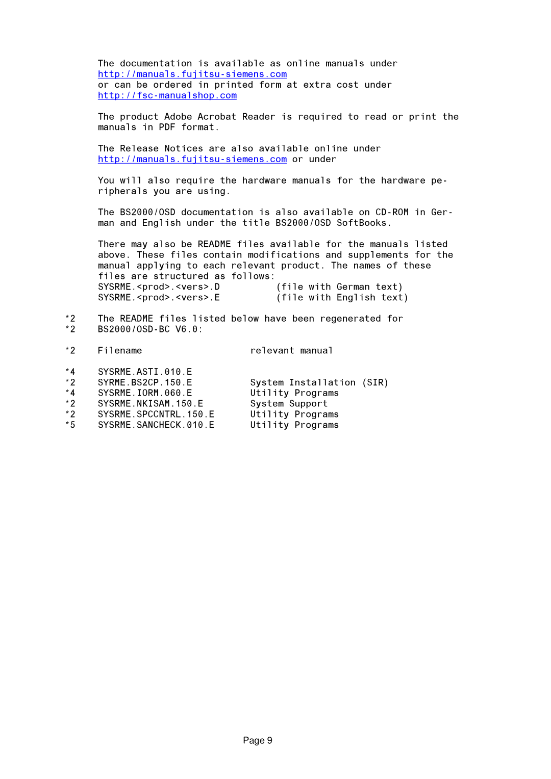 Fujitsu BS2OSD manual SYSRME.ASTI.010.E SYRME.BS2CP.150.E, SYSRME.IORM.060.E, SYSRME.NKISAM.150.E, SYSRME.SPCCNTRL.150.E 