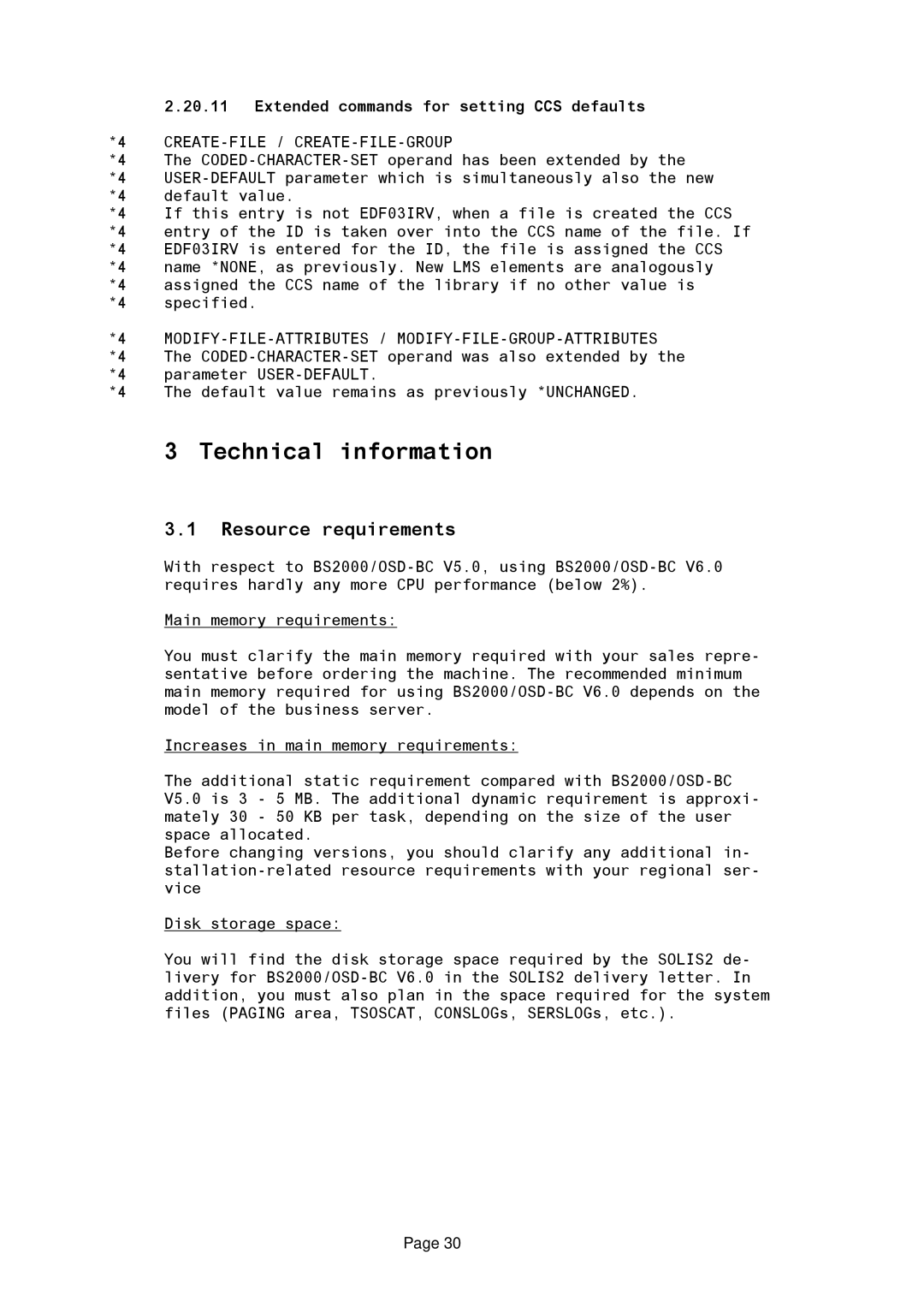 Fujitsu BS2OSD manual Resource requirements, Extended commands for setting CCS defaults, Create-File / Create-File-Group 