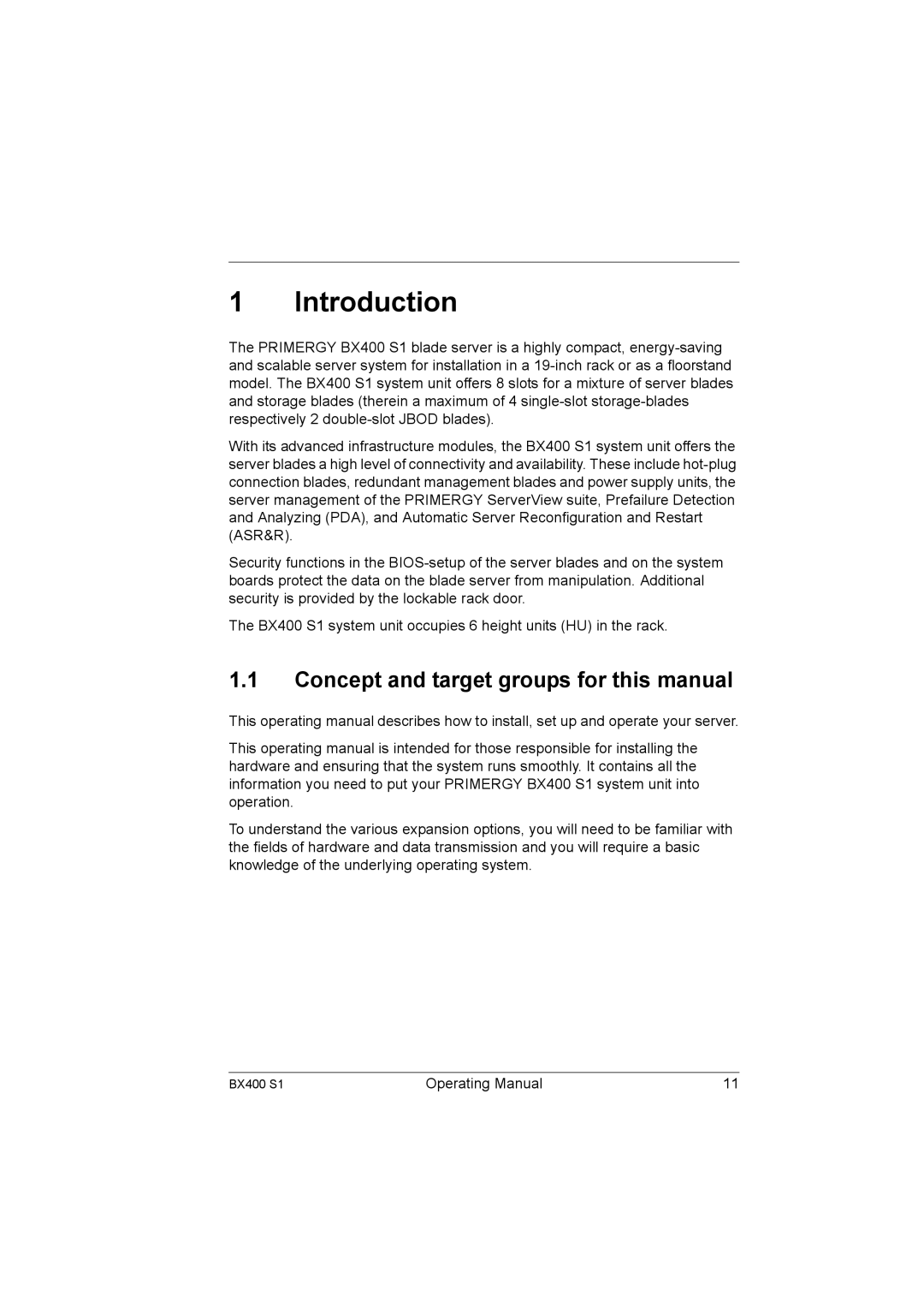 Fujitsu BX400 S1 Introduction, Concept and target groups for this manual 