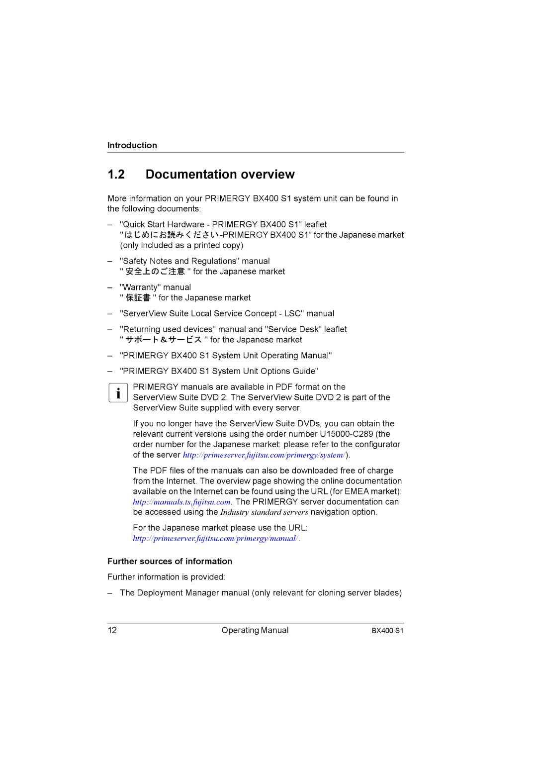 Fujitsu BX400 S1 manual Documentation overview, Introduction, Further sources of information 