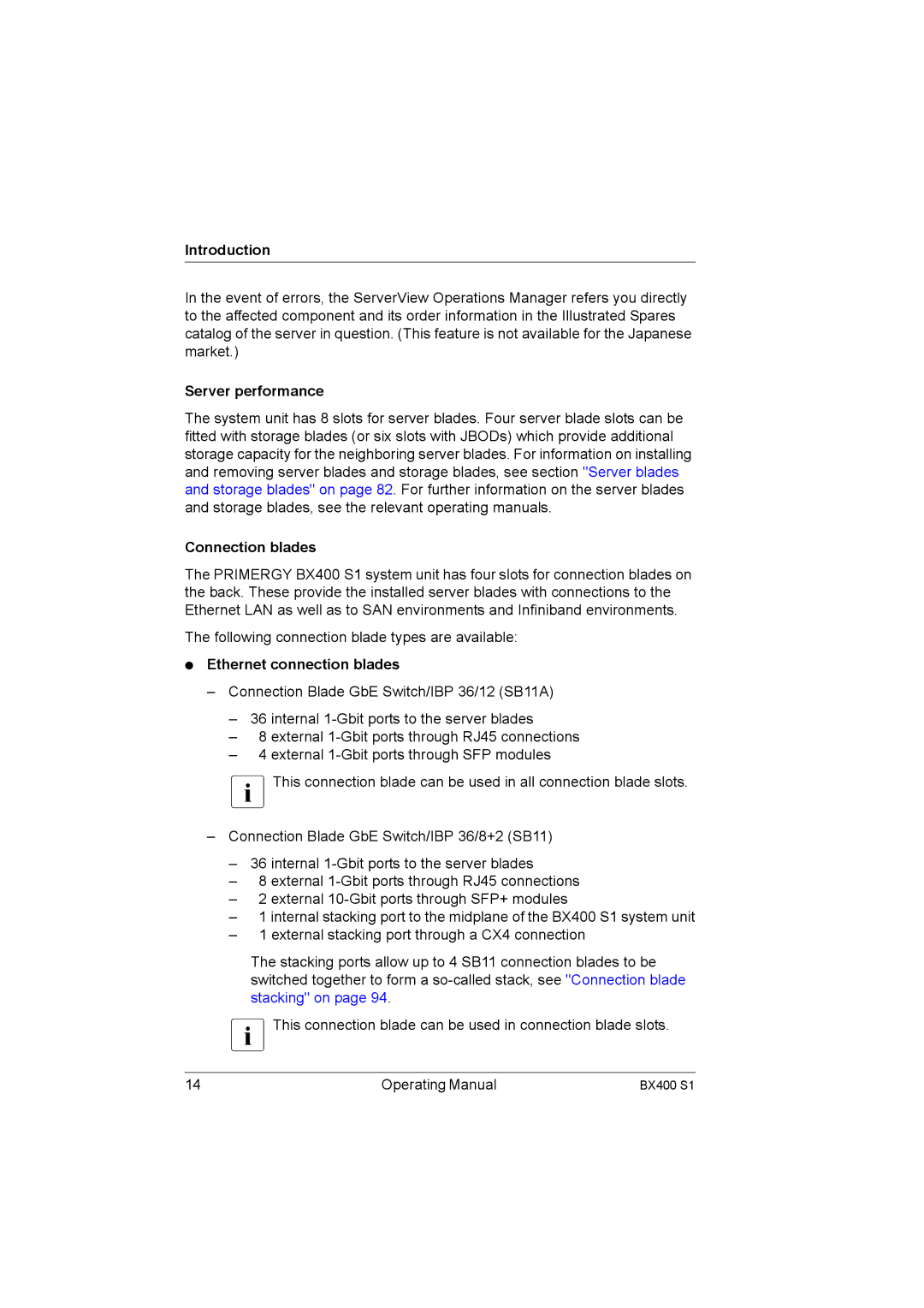 Fujitsu BX400 S1 manual Server performance, Connection blades, Ethernet connection blades 