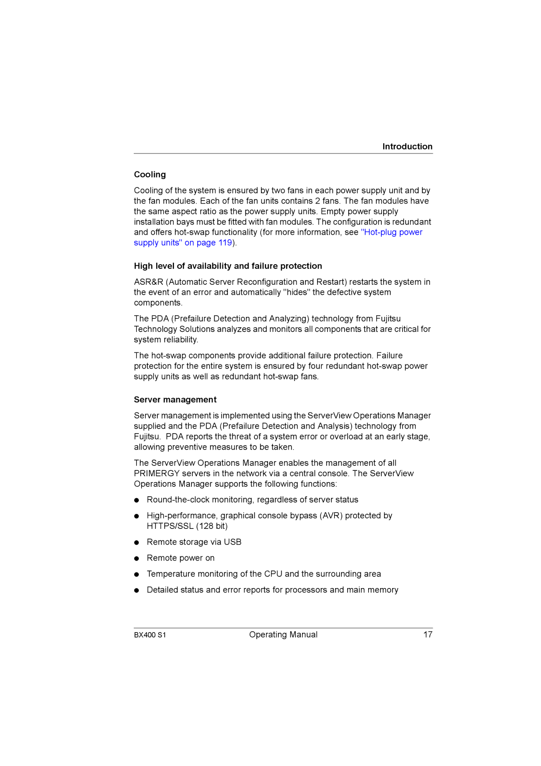 Fujitsu BX400 S1 manual Introduction Cooling, High level of availability and failure protection, Server management 