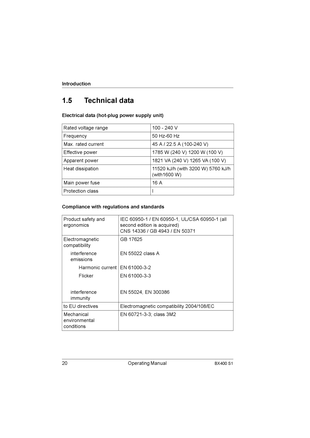 Fujitsu BX400 S1 Technical data, Electrical data hot-plug power supply unit, Compliance with regulations and standards 