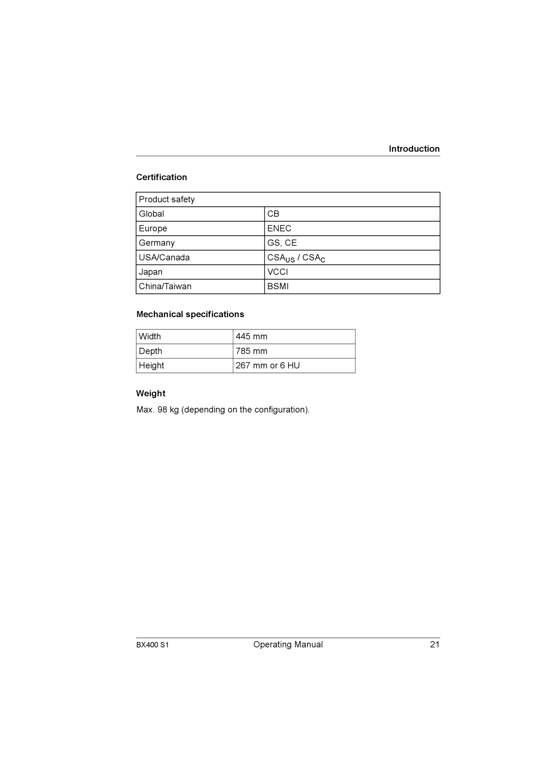 Fujitsu BX400 S1 manual Introduction Certification, Mechanical specifications, Weight 