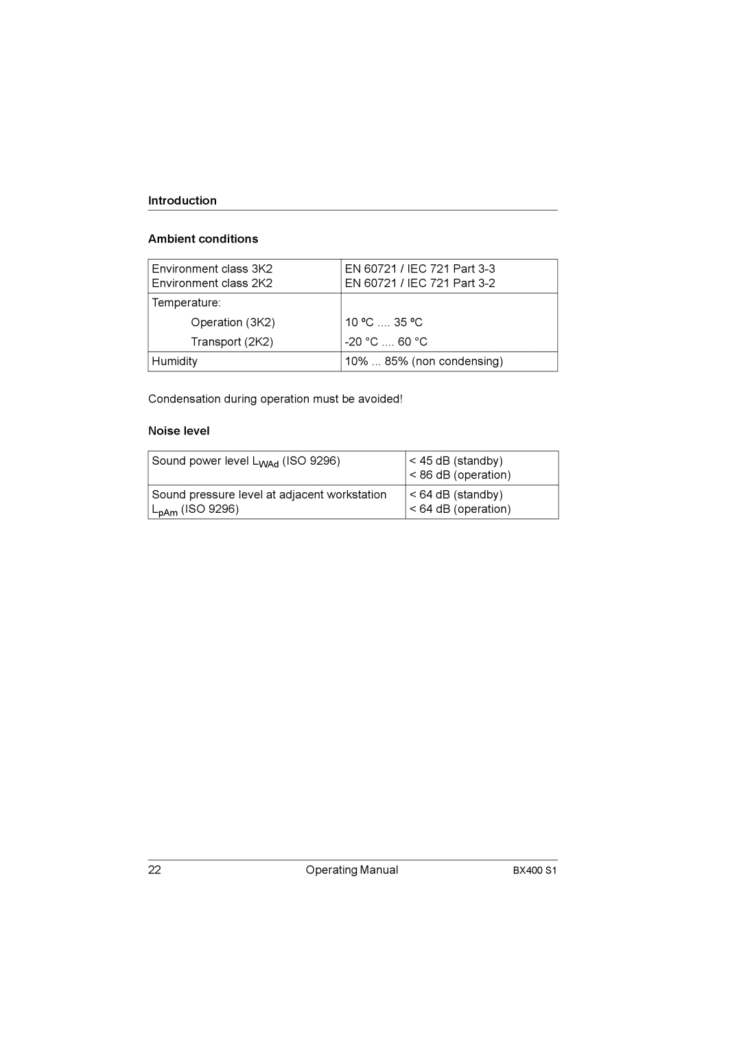 Fujitsu BX400 S1 manual Introduction Ambient conditions, Noise level 