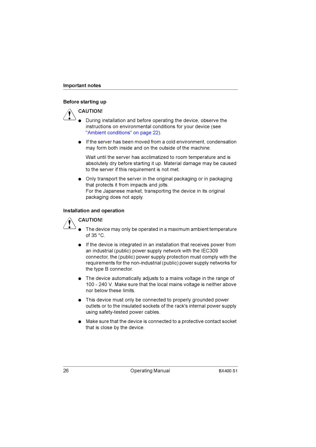 Fujitsu BX400 S1 manual Important notes Before starting up, Installation and operation 