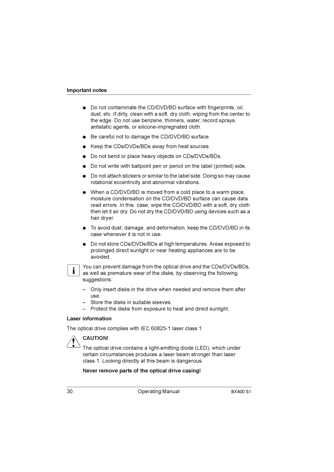 Fujitsu BX400 S1 manual Laser information, Never remove parts of the optical drive casing 