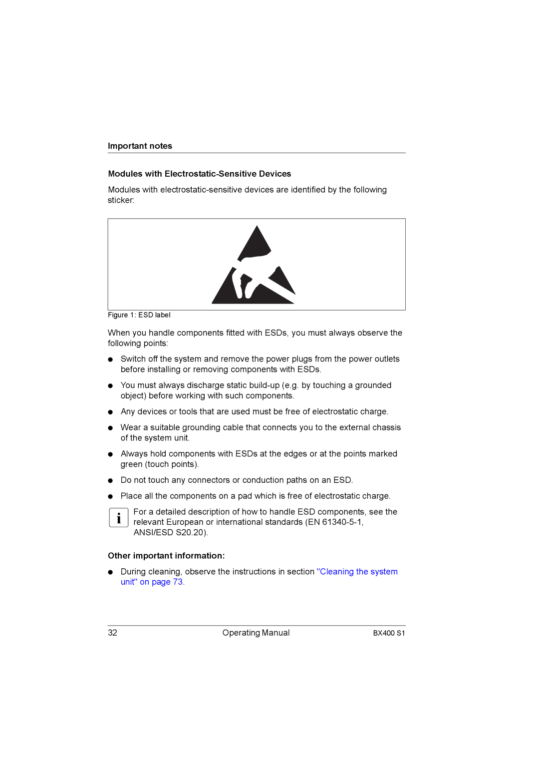 Fujitsu BX400 S1 manual Important notes Modules with Electrostatic-Sensitive Devices, Other important information 