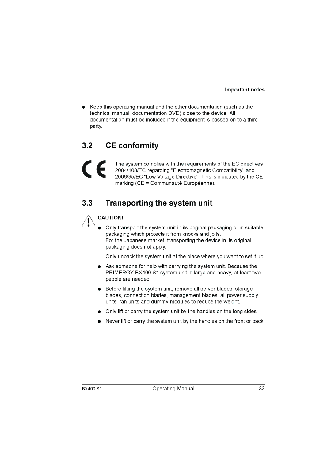 Fujitsu BX400 S1 manual CE conformity, Transporting the system unit 