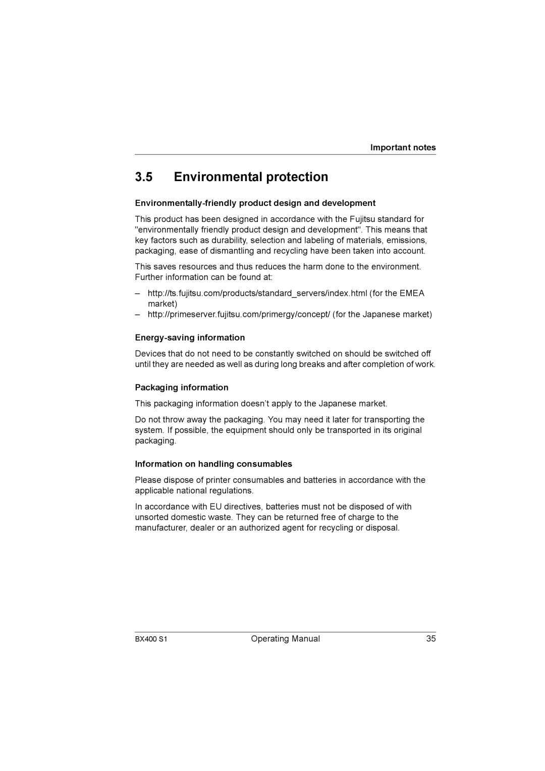 Fujitsu BX400 S1 Environmental protection, Environmentally-friendly product design and development, Packaging information 