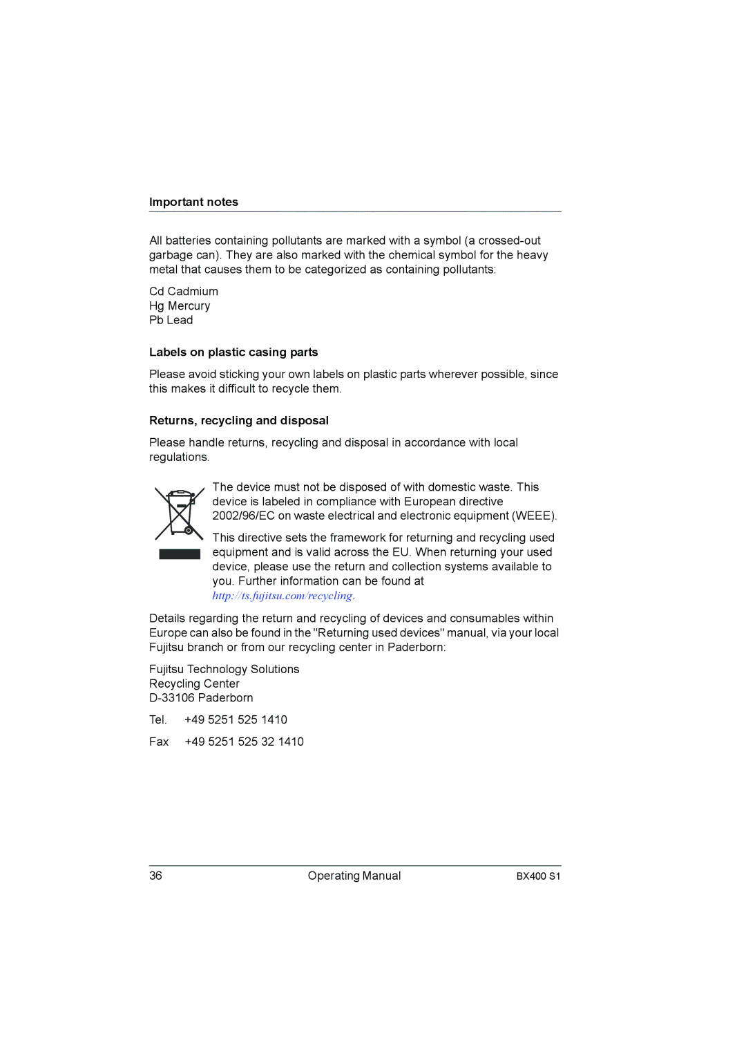 Fujitsu BX400 S1 manual Labels on plastic casing parts, Returns, recycling and disposal 