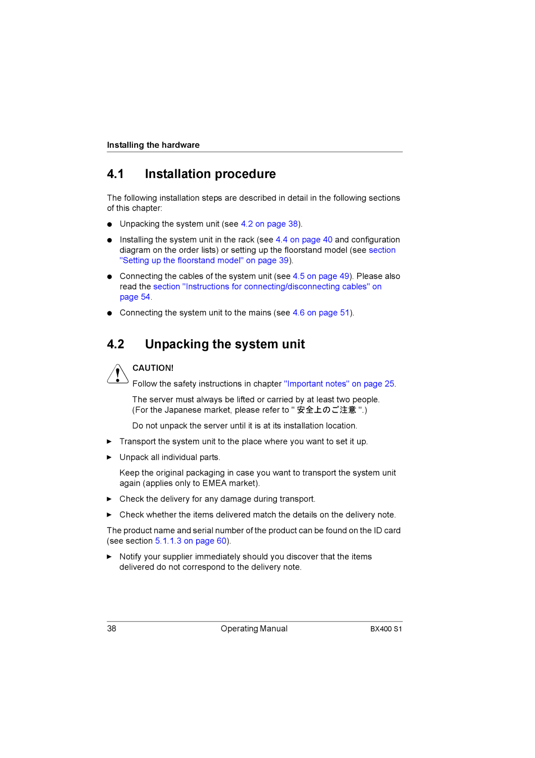 Fujitsu BX400 S1 manual Installation procedure, Unpacking the system unit, Installing the hardware 