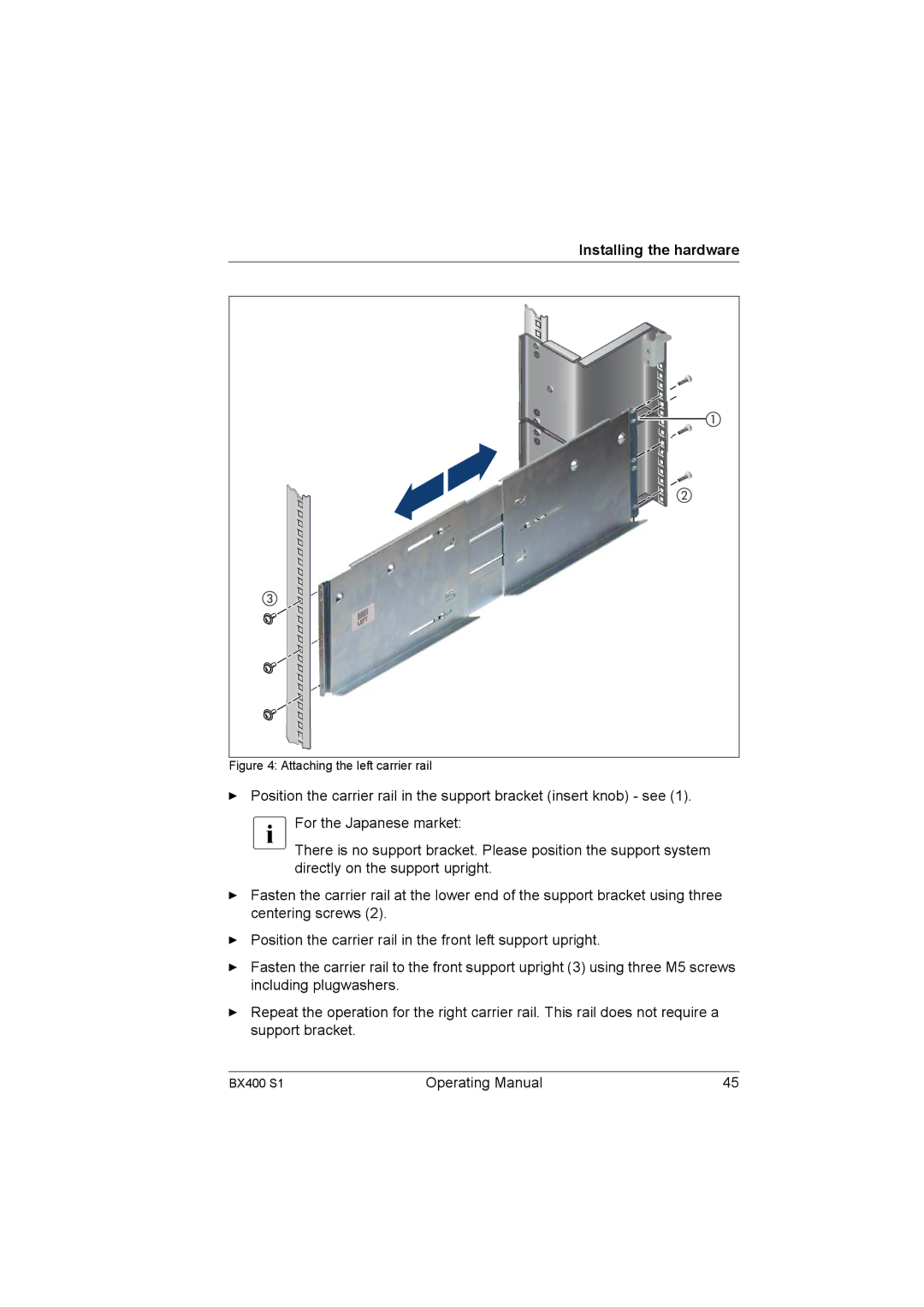 Fujitsu BX400 S1 manual Attaching the left carrier rail 