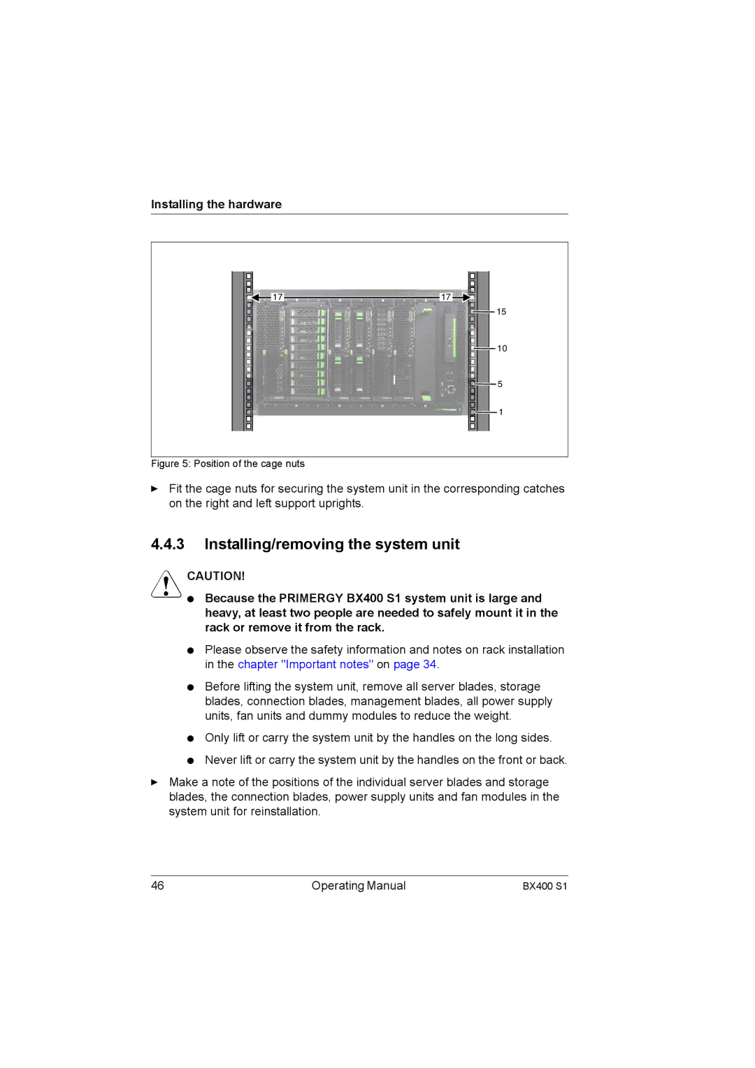 Fujitsu BX400 S1 manual Installing/removing the system unit, Position of the cage nuts 