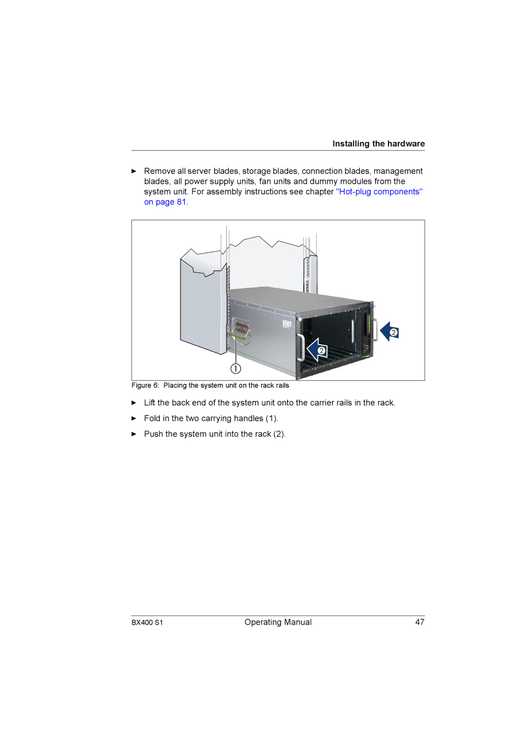 Fujitsu BX400 S1 manual Placing the system unit on the rack rails 