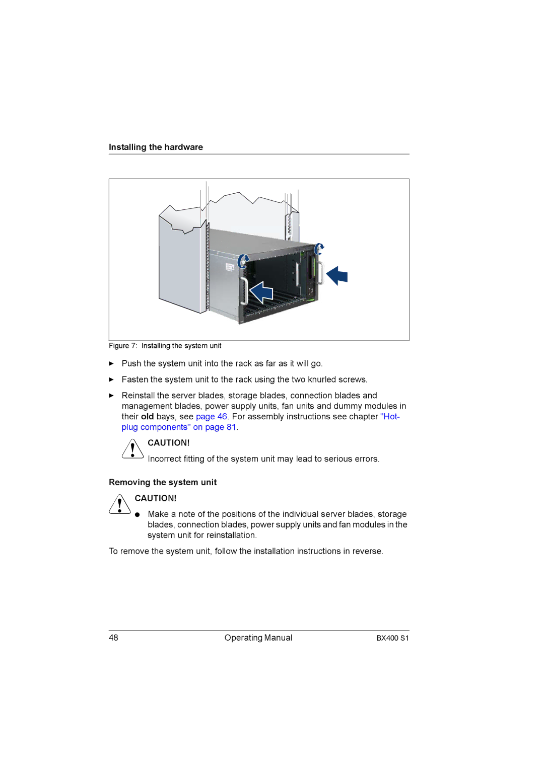 Fujitsu BX400 S1 manual Removing the system unit, Installing the system unit 