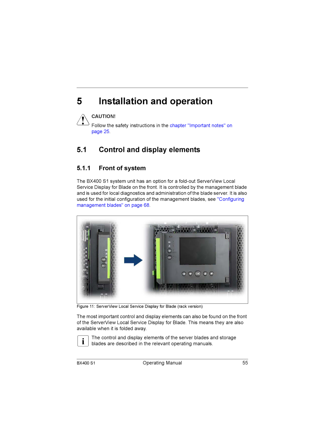 Fujitsu BX400 S1 manual Control and display elements, Front of system 