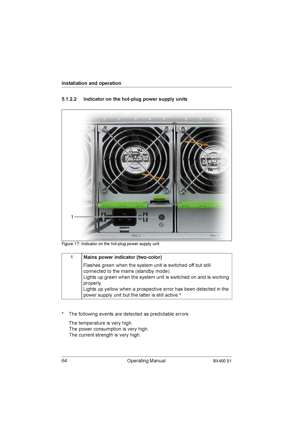 Fujitsu BX400 S1 manual Mains power indicator two-color, Indicator on the hot-plug power supply unit 