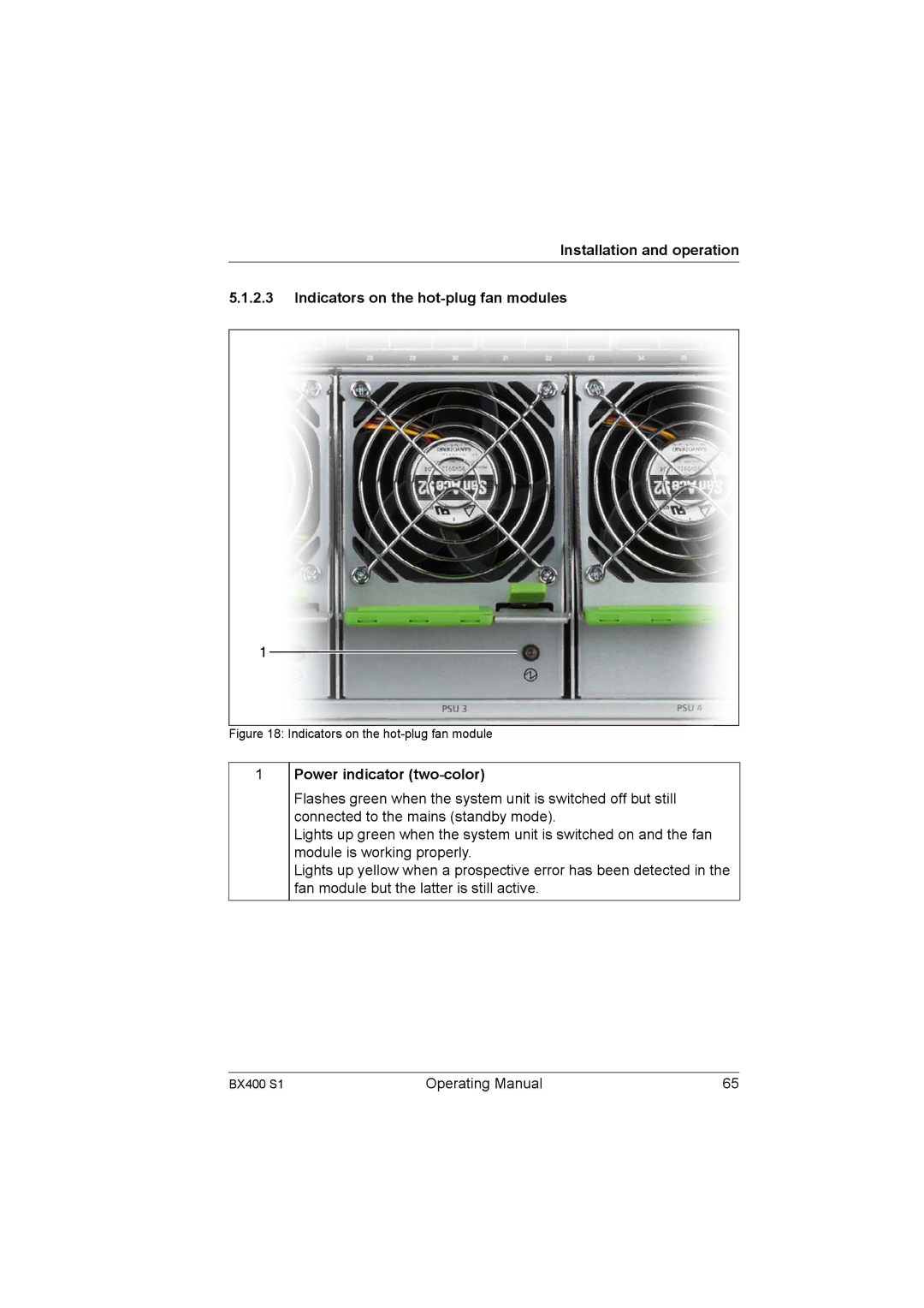 Fujitsu BX400 S1 manual Power indicator two-color, Indicators on the hot-plug fan module 