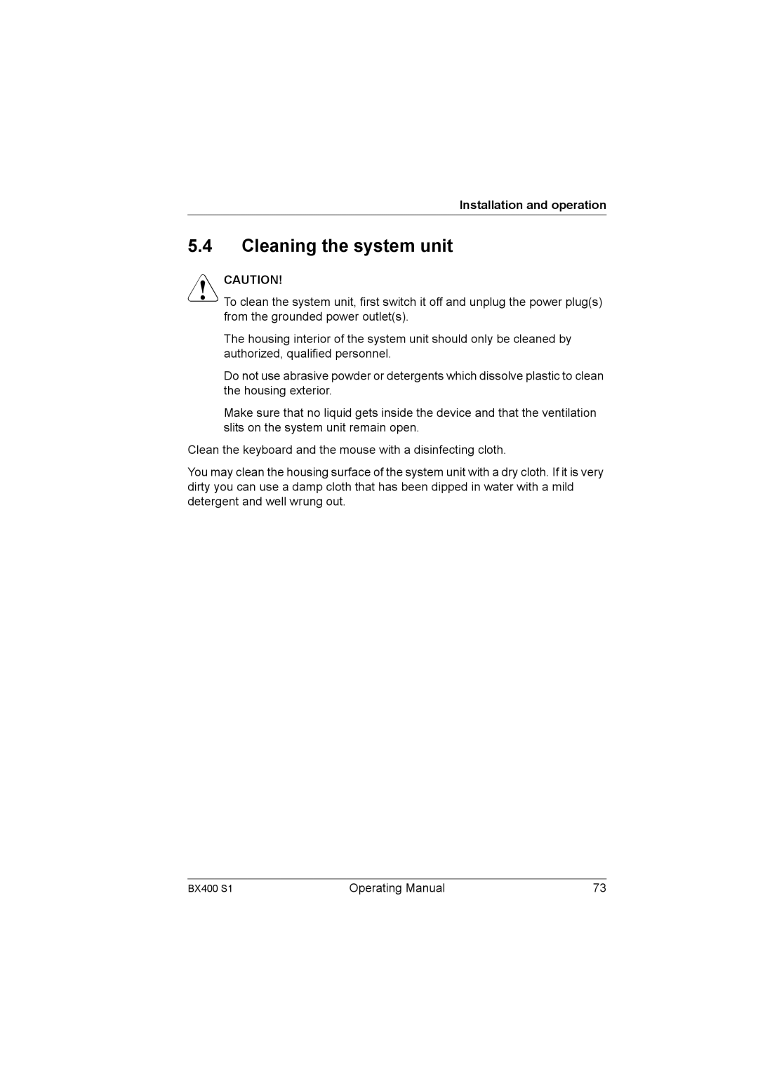 Fujitsu BX400 S1 manual Cleaning the system unit 