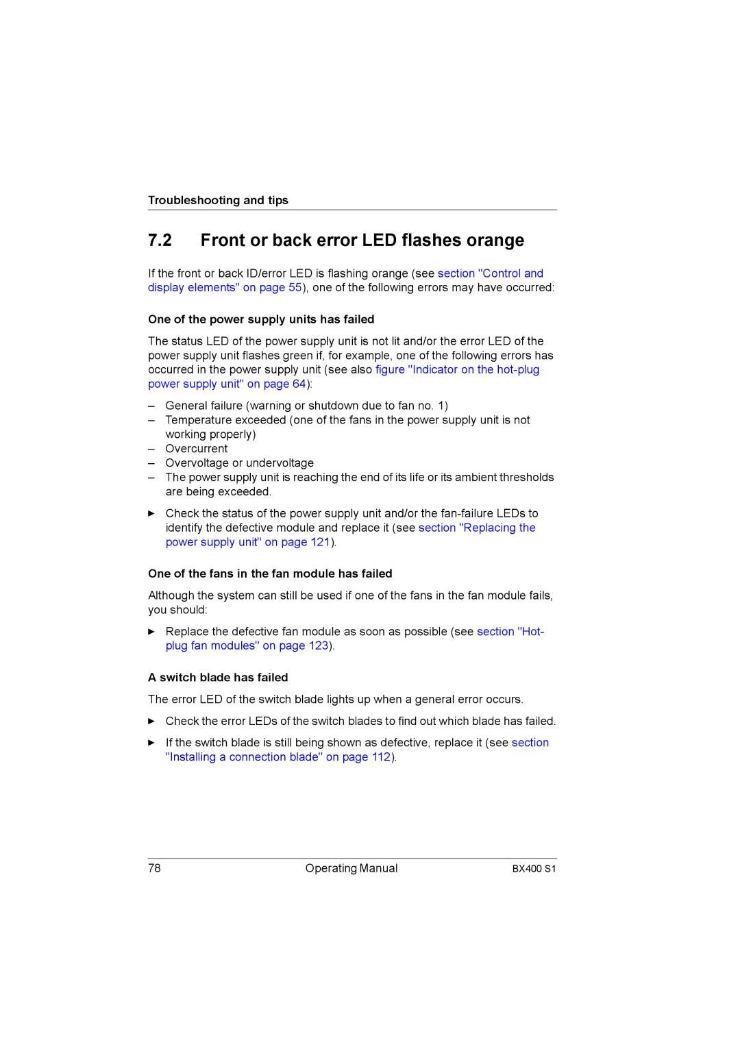Fujitsu BX400 S1 manual Front or back error LED flashes orange, Troubleshooting and tips, Switch blade has failed 