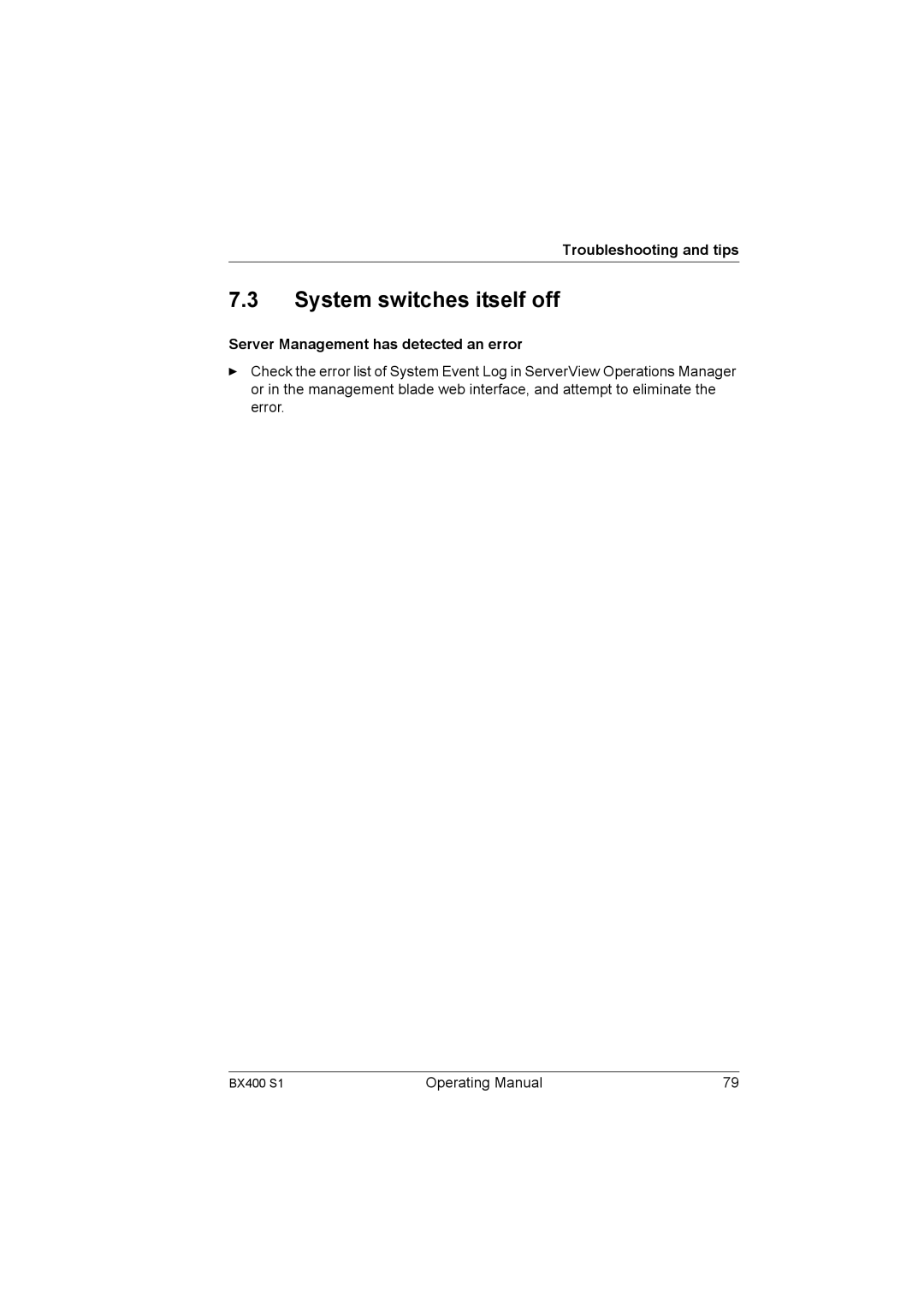 Fujitsu BX400 S1 manual System switches itself off, Server Management has detected an error 