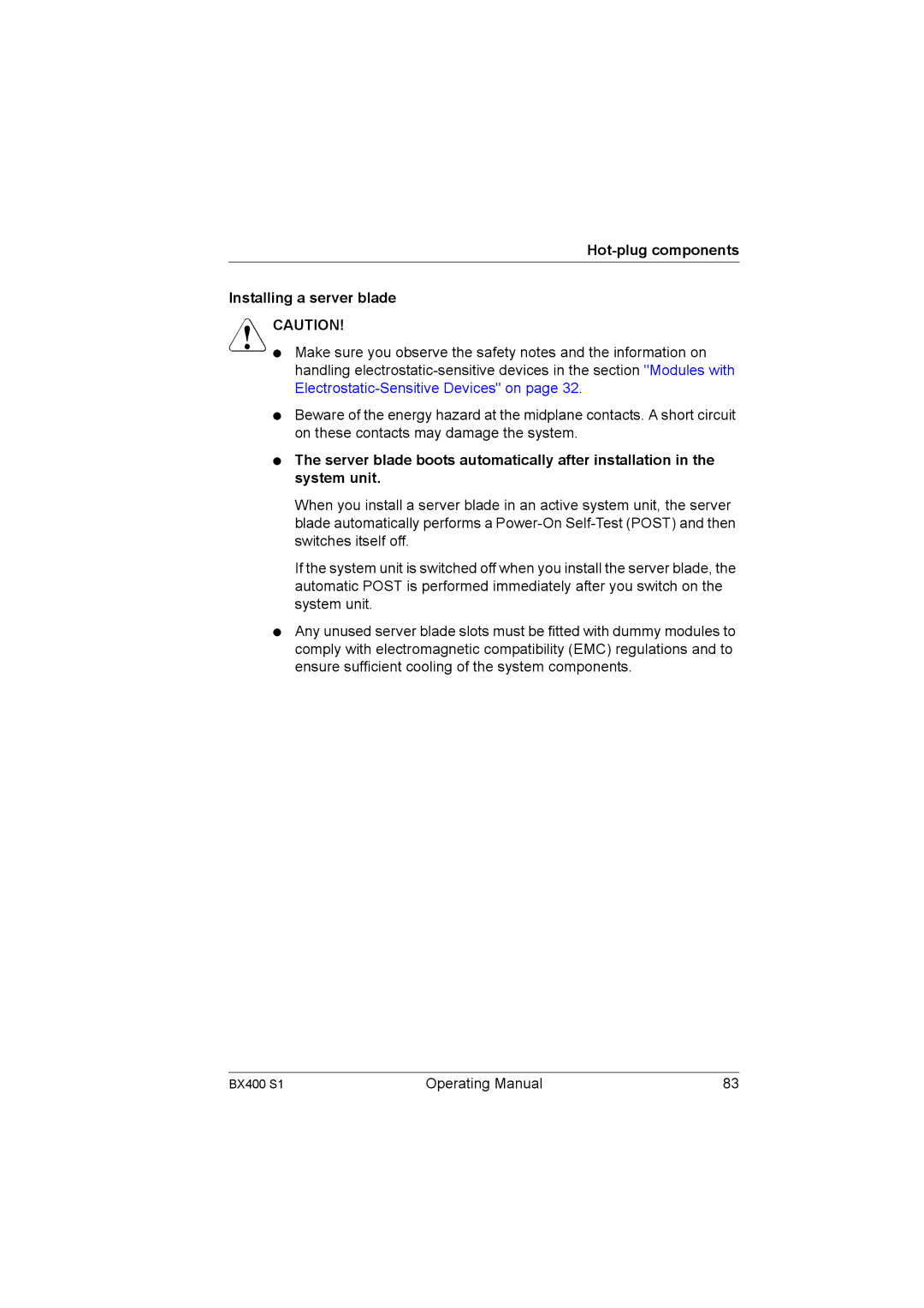 Fujitsu BX400 S1 manual Hot-plug components Installing a server blade 