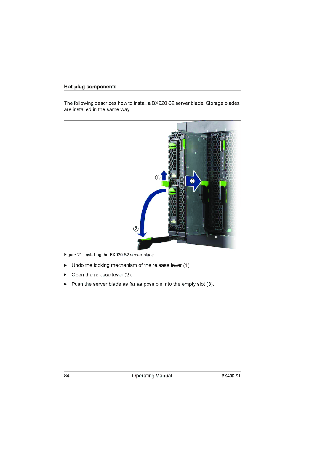 Fujitsu BX400 S1 manual Installing the BX920 S2 server blade 